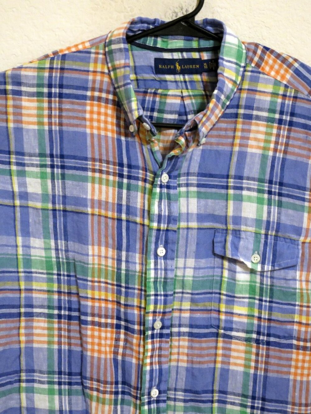 Ralph Lauren Shirt Mens XL Long Sleeve Button Linen Blue White Orange Striped